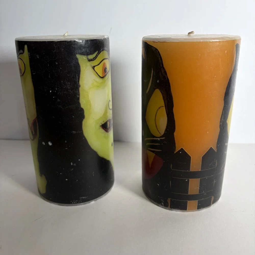 VTG Style Halloween Pillar Candles Set Green Witch Black Cat Fangs 6in Decor